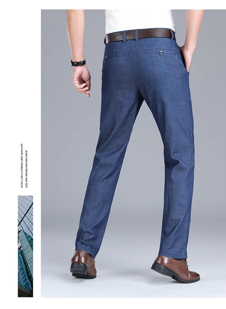 2024 New Men's Summer Thin Jeans Loose Stretch Large Size Ice Silk Straight Pants Elite Business Casual Pants Smoke Gray Blue