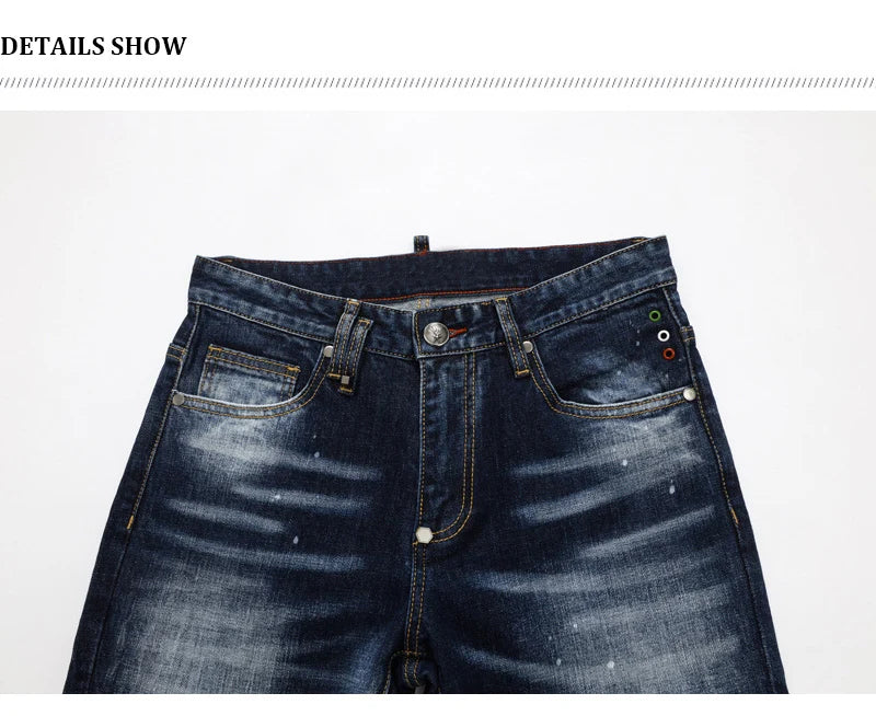 Designer Fashion New Men's Jeans Wrinkle Paint Dots Wrinkle Wash Nostalgic Stretch Slimming Blue Jeans High Street Hip Hop Brand