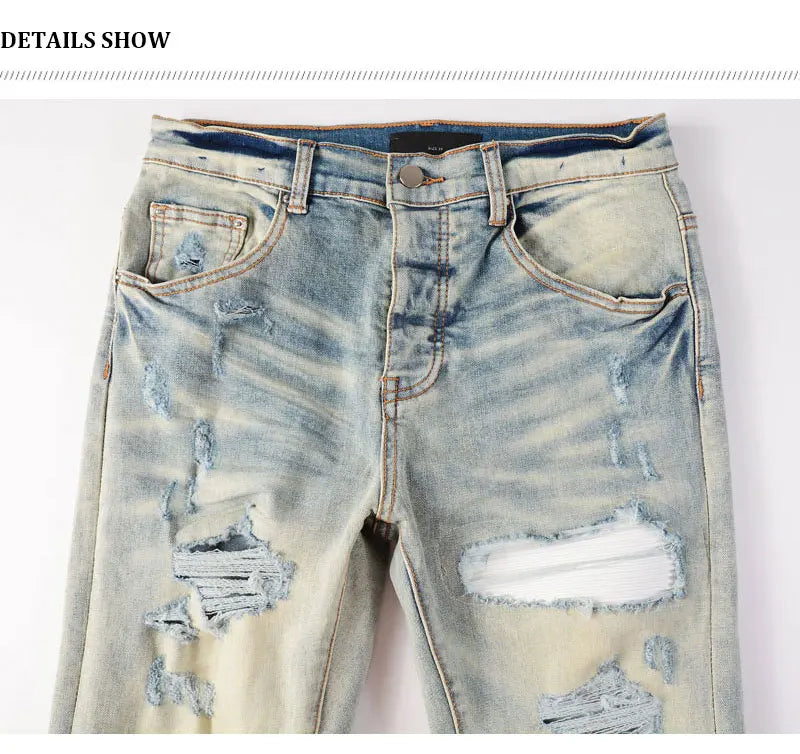 Designer High Street Fashion New Light Blue Men's Jeans Stretch Slimming White Leather Patch Hip Hop Brand Pants HombreY2K