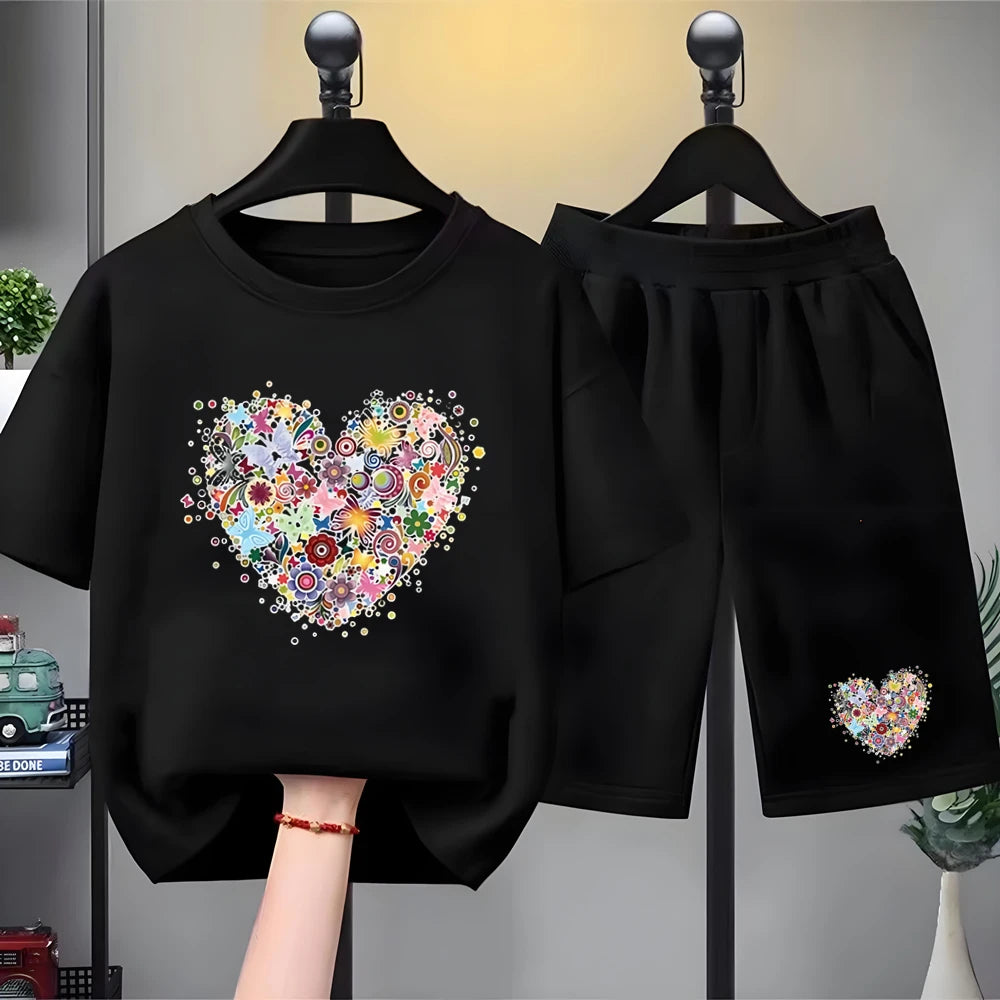 Children white Floral heart-shaped print Summer Clothing Tshirt+Shorts Girl Toddler 3-12Yrs Short-Sleeved cool leisure Set