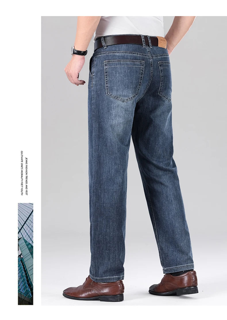 2026 Summer Brand Men's New Straight Leg Loose Lightweight Denim Jeans Classic Badge Business Casual Stretch Thin Retro Pants