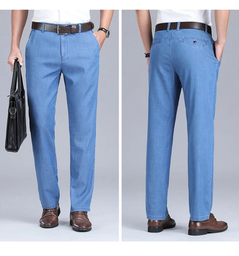 2024 New Men's Summer Thin Jeans Loose Stretch Large Size Ice Silk Straight Pants Elite Business Casual Pants Smoke Gray Blue