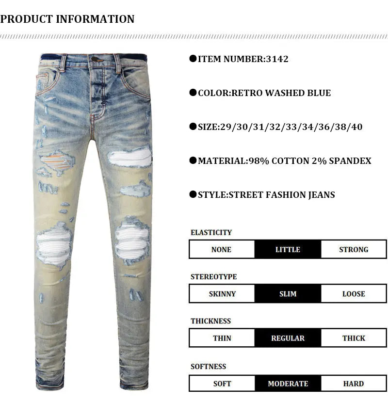 Designer High Street Fashion New Light Blue Men's Jeans Stretch Slimming White Leather Patch Hip Hop Brand Pants HombreY2K