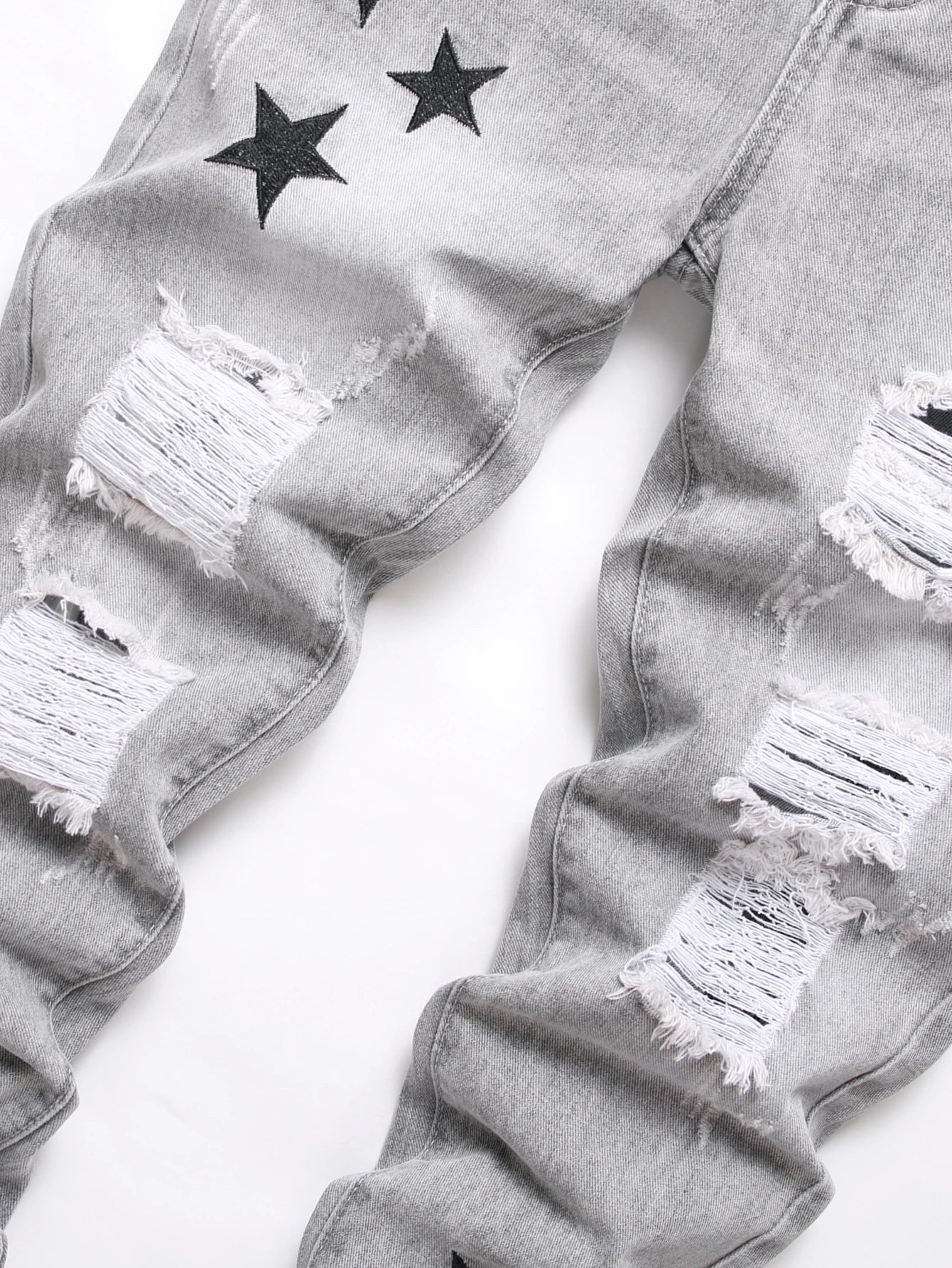 Y2K Men's Jeans - Trendy Gray Mid-Rise Straight Leg, Distressed Ripped with Whisker & Grunge Washes, Cool Street Style