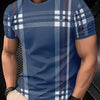 Men’s Summer Plaid Striped T-Shirt – Beige & Gray Color Block, Slim Fit Casual Crew Neck Tee for Daily Wear