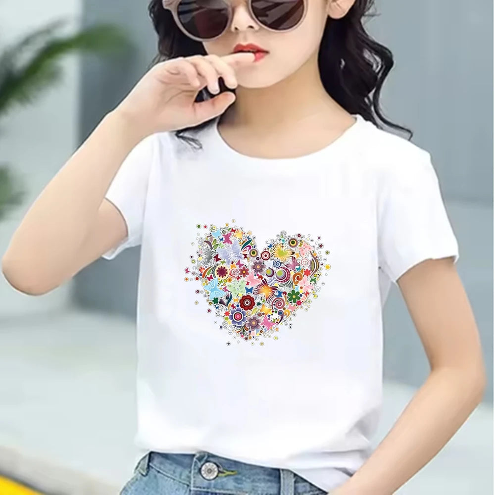 Children white Floral heart-shaped print Summer Clothing Tshirt+Shorts Girl Toddler 3-12Yrs Short-Sleeved cool leisure Set