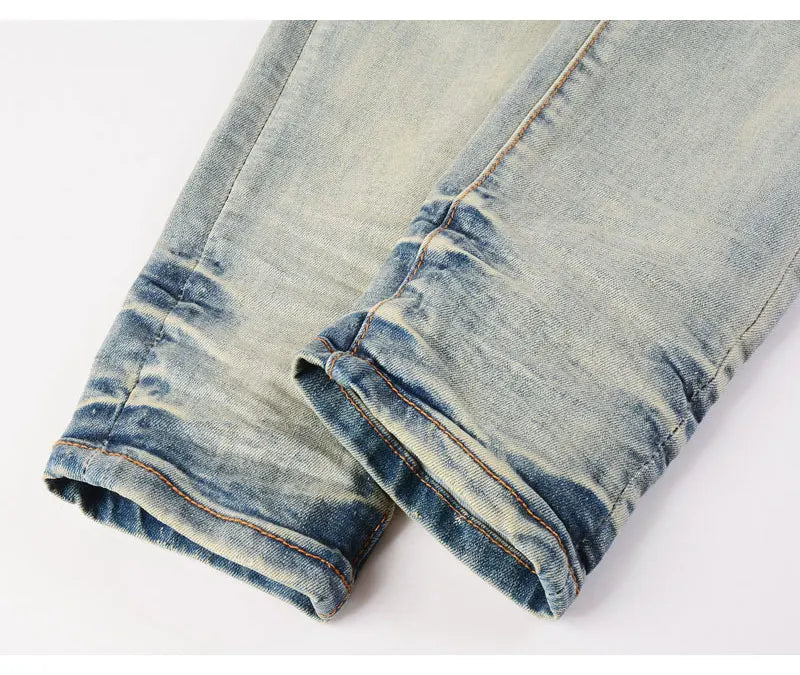Designer High Street Fashion New Light Blue Men's Jeans Stretch Slimming White Leather Patch Hip Hop Brand Pants HombreY2K