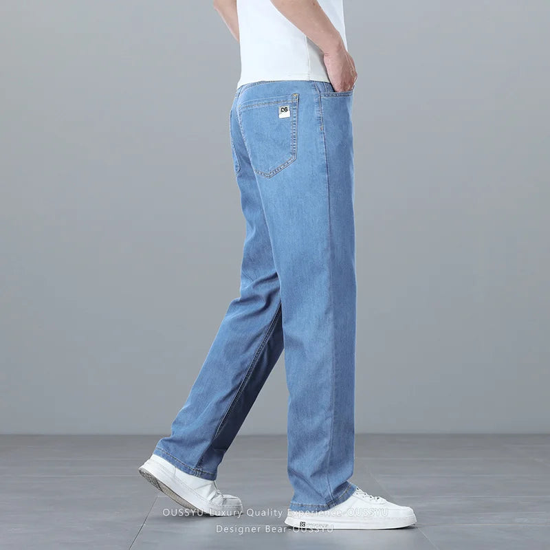 Brand Clothing Summer Lyocell Ultra-thin Men's Jeans Business Straight Denim Pants Cool Ice Silk Casual Trousers Man Plus Size