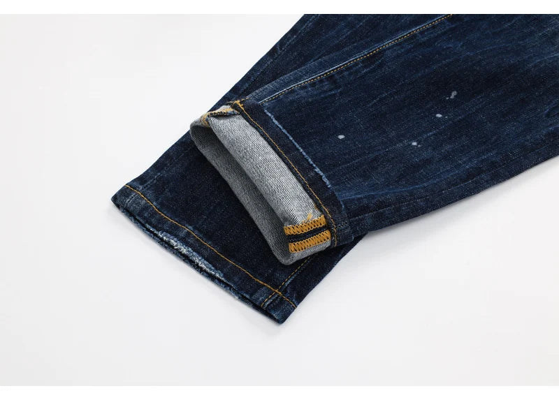 Designer Fashion New Men's Jeans Wrinkle Paint Dots Wrinkle Wash Nostalgic Stretch Slimming Blue Jeans High Street Hip Hop Brand