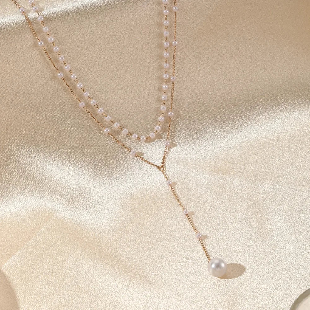 Charm Trendy Double-deck Imitation Pearl Beaded Long Pendant Necklaces for Women Temperament Summer Beach Jewelry Accessories