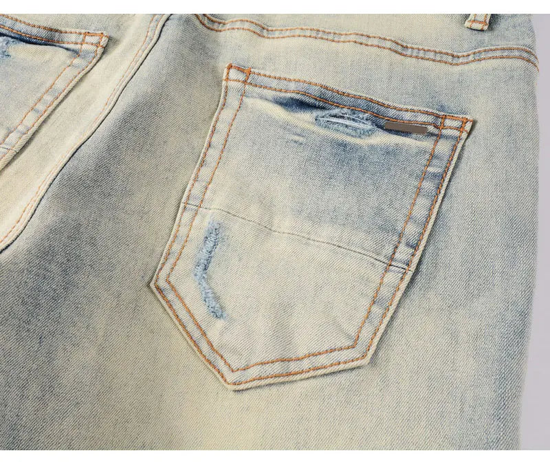 Designer High Street Fashion New Light Blue Men's Jeans Stretch Slimming White Leather Patch Hip Hop Brand Pants HombreY2K