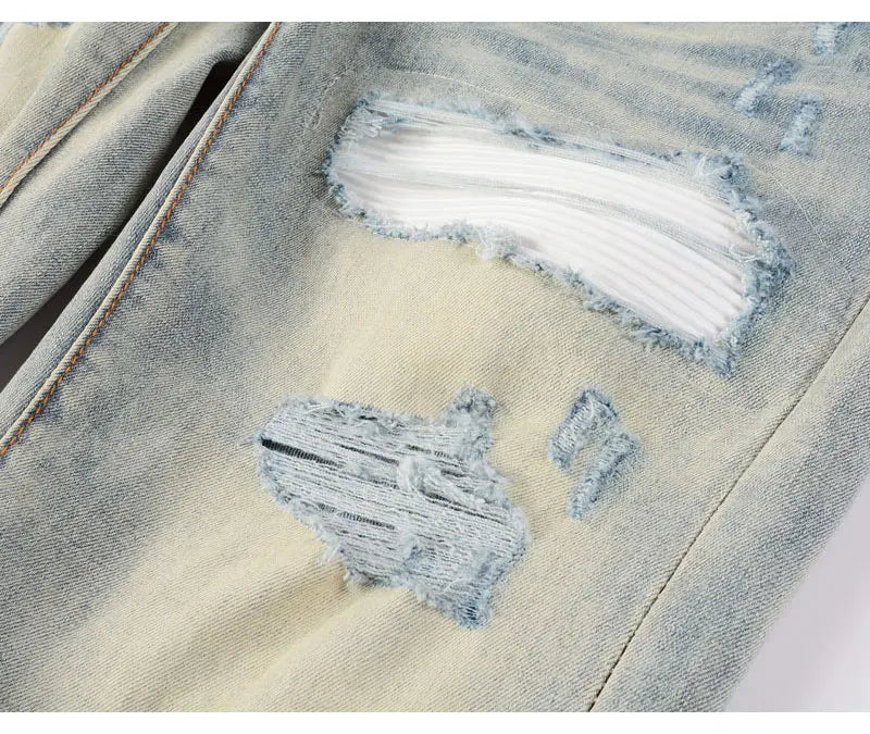 Designer High Street Fashion New Light Blue Men's Jeans Stretch Slimming White Leather Patch Hip Hop Brand Pants HombreY2K