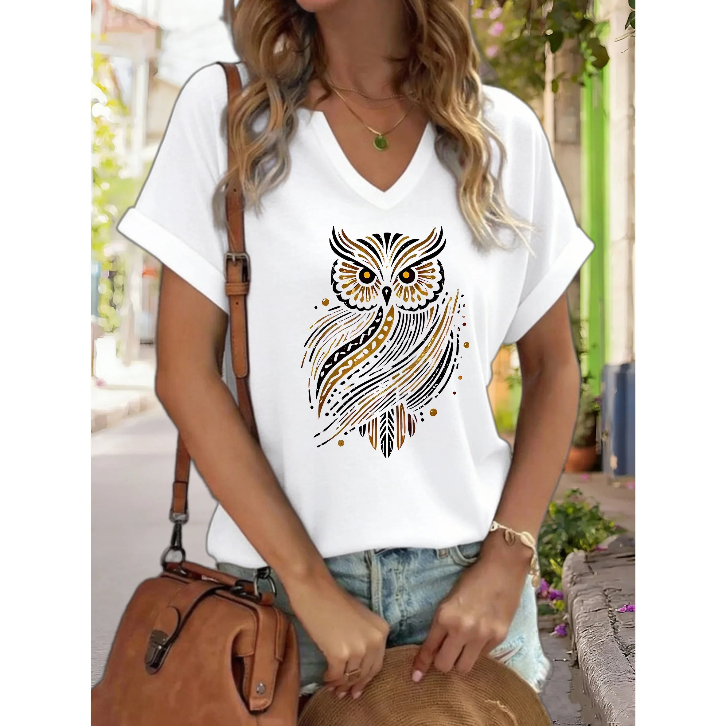 Women's V-Neck "Golden Tribal Owl" Graphic Tee, Boho Animal Print, Casual Short Sleeve Bohemian Top, Soft Cotton Daily Wear