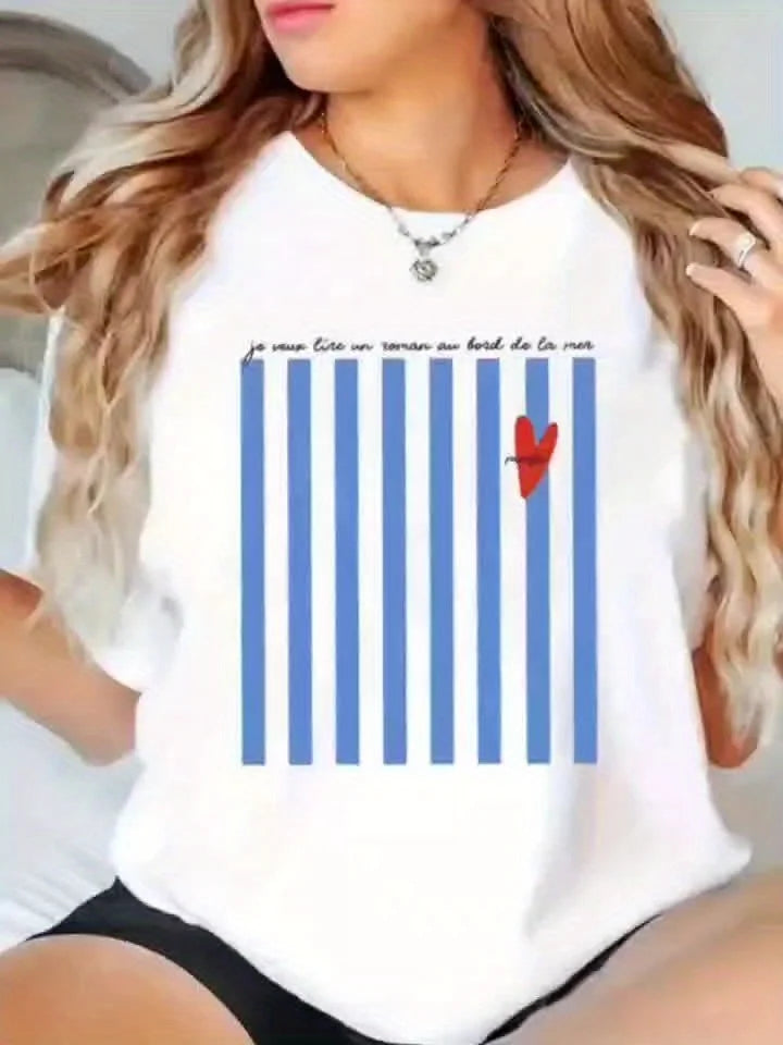 Light Blue Striped Pattern Printed Summer T-shirt for Women Round Neck Short Sleeved Casual Women's T-shirt Clothing