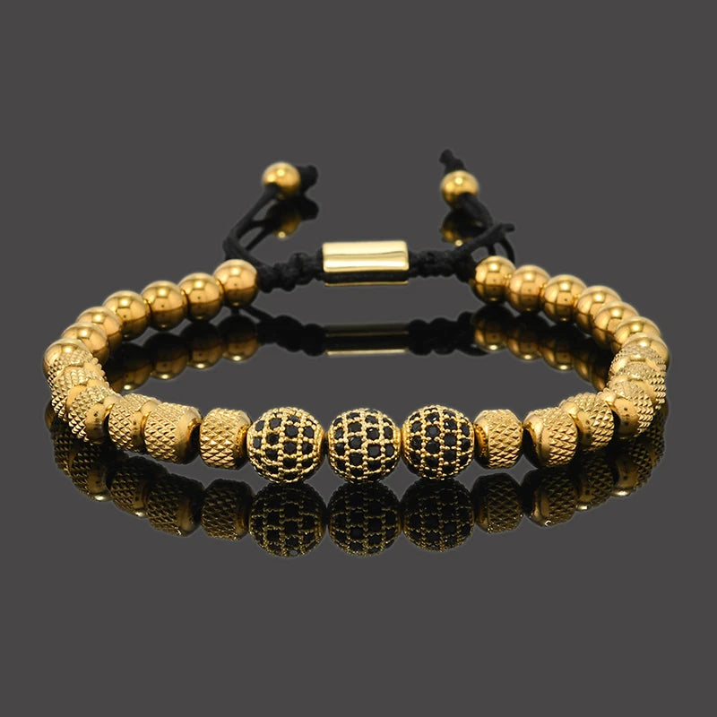 Luxury Royal Golden CZ Ball Man Bracelet Stainless Steel Beads Hand Jewelry Boy Gift