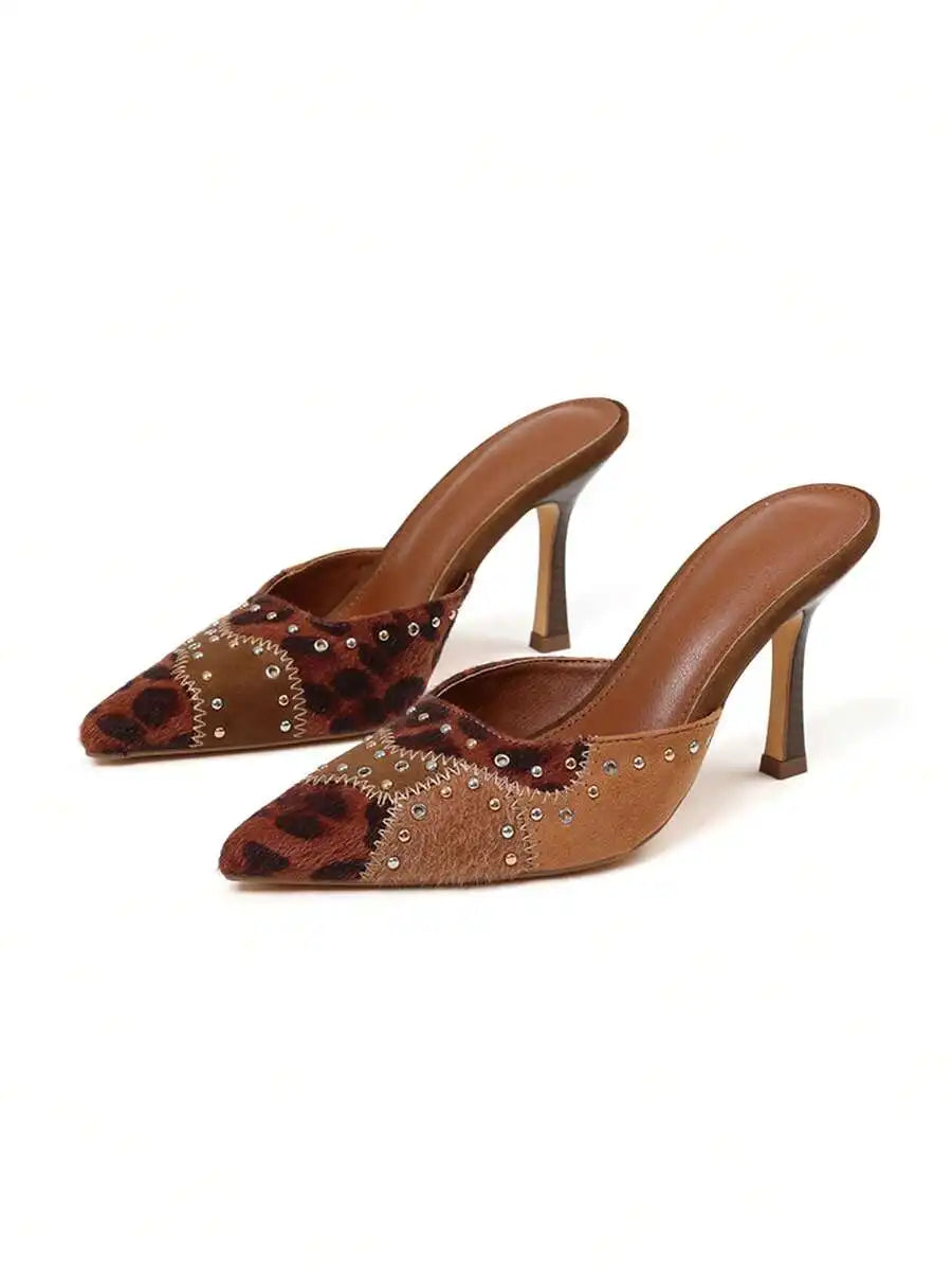 Suede Pointed Toe Mule Heels For Women Slip On Studded Dress Party Shoes