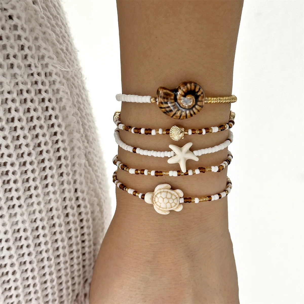Fashion Multilayer Stacked Bracelets Set for Women Bohemian Shell Starfish Beaded Bracelets Summer Beach Party Jewelry Gift