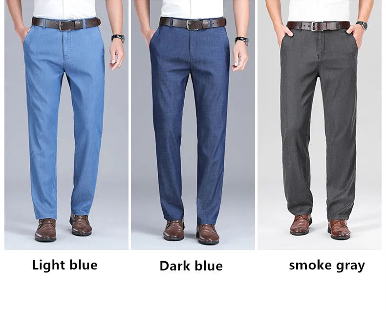 2024 New Men's Summer Thin Jeans Loose Stretch Large Size Ice Silk Straight Pants Elite Business Casual Pants Smoke Gray Blue
