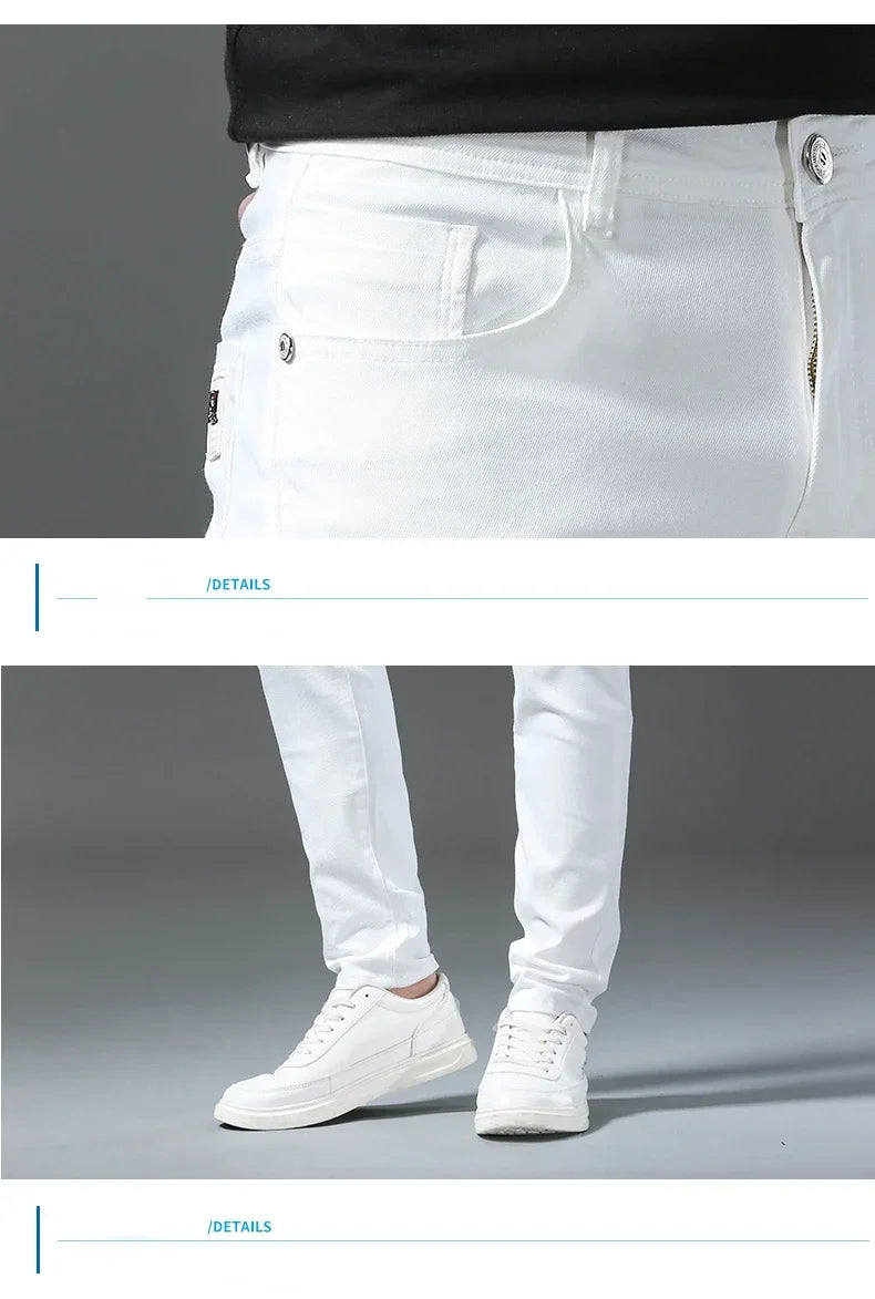 2025 Spring Summer New 98%Cotton Men's Slim Jeans Straight Casual Fashion Pencil Pants High Quality Trousers Male Clothes White