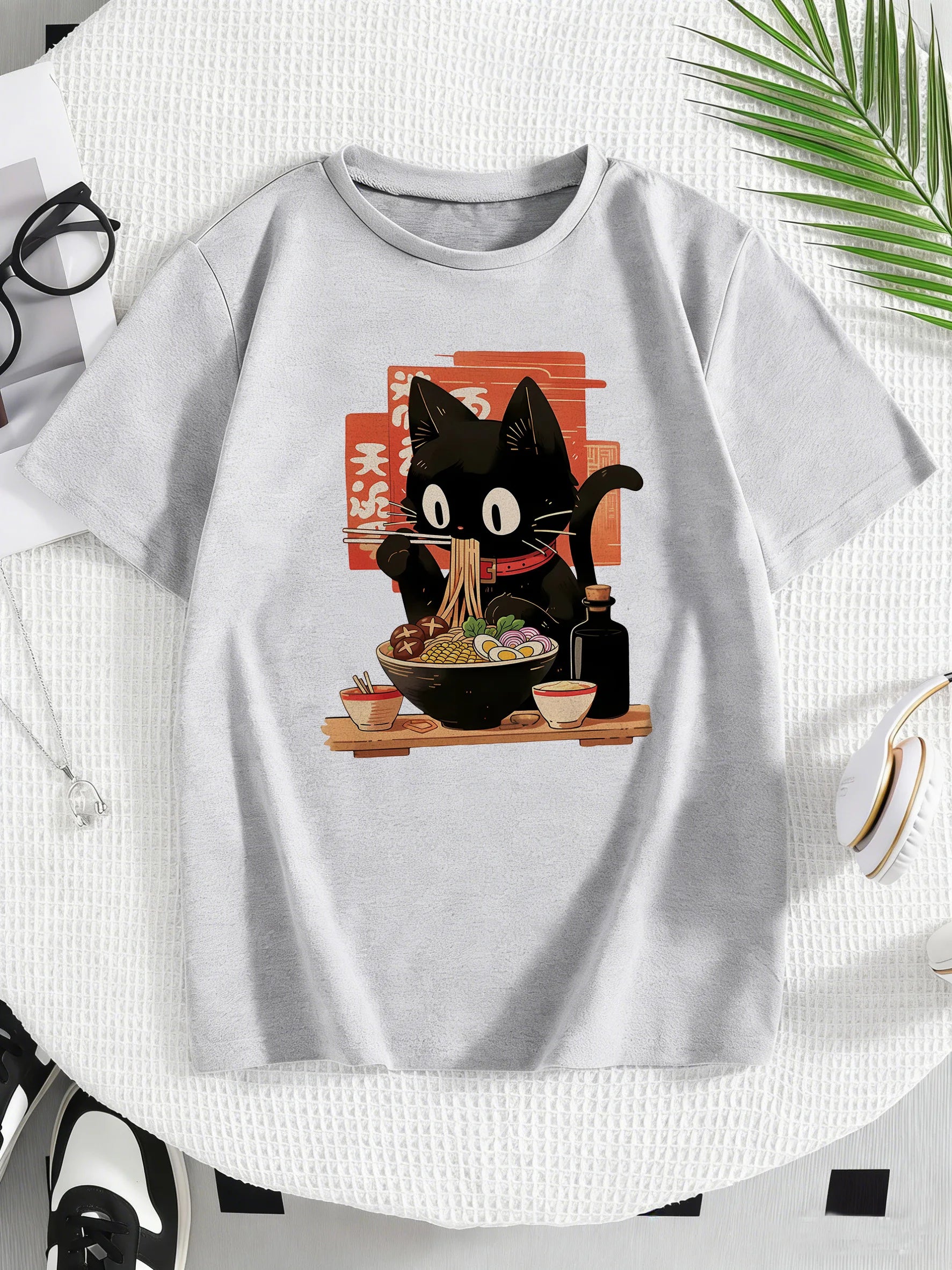 Cat Eat Ramen Kawaii Design Prined  T Shirts Manga Kids Children's T-shirt Boys Girls Summer Spring Casual Top Tee