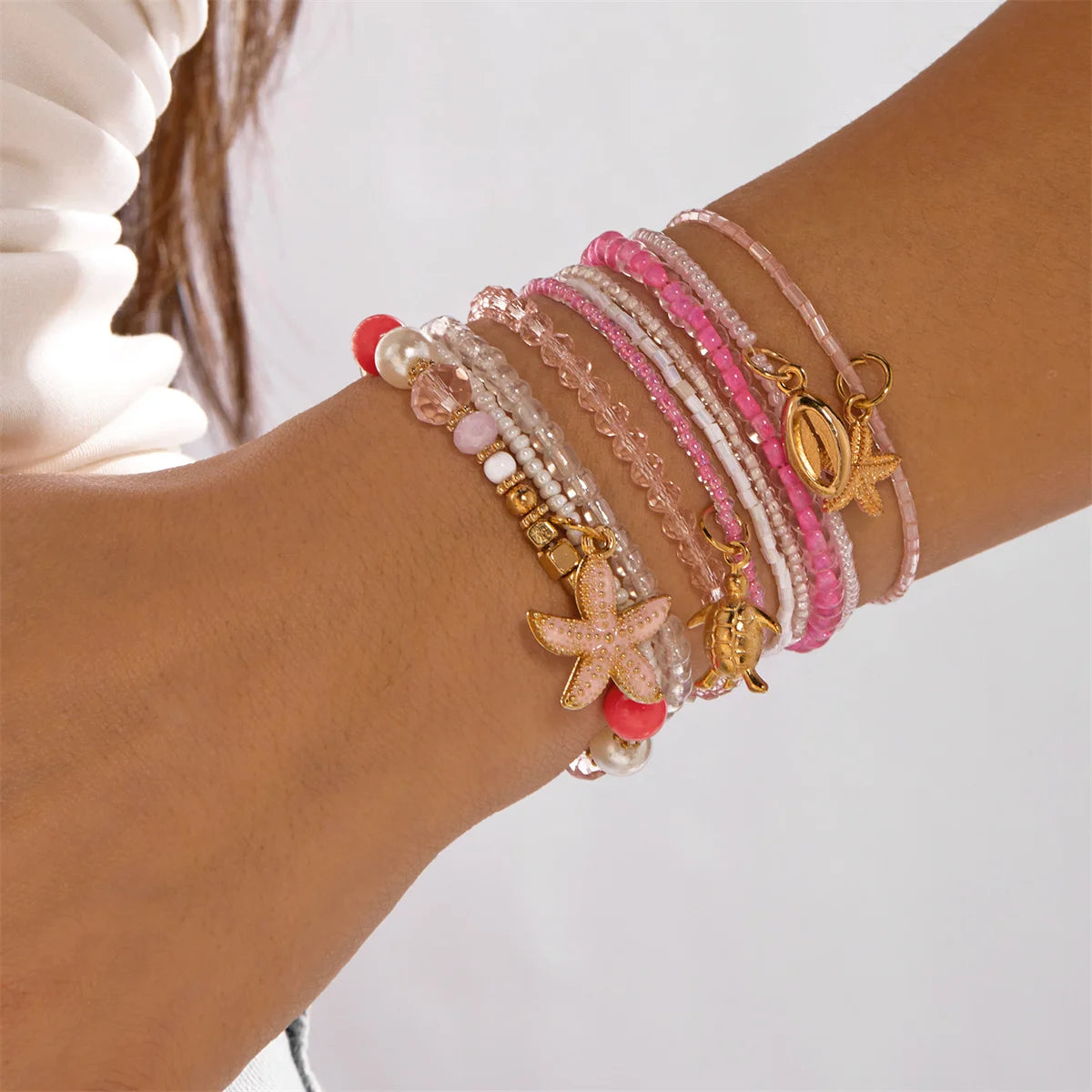 Fashion Multilayer Stacked Bracelets Set for Women Bohemian Shell Starfish Beaded Bracelets Summer Beach Party Jewelry Gift