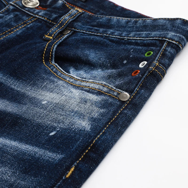 Designer Fashion New Men's Jeans Wrinkle Paint Dots Wrinkle Wash Nostalgic Stretch Slimming Blue Jeans High Street Hip Hop Brand