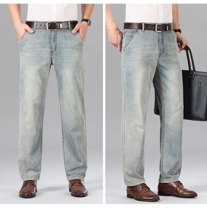 2026 Summer Brand Men's New Straight Leg Loose Lightweight Denim Jeans Classic Badge Business Casual Stretch Thin Retro Pants