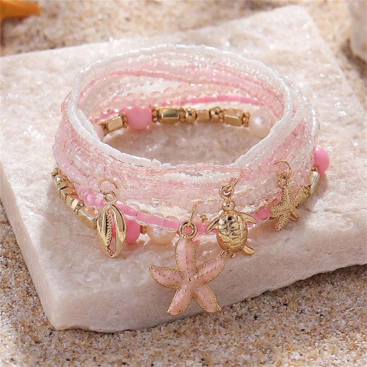 Fashion Multilayer Stacked Bracelets Set for Women Bohemian Shell Starfish Beaded Bracelets Summer Beach Party Jewelry Gift