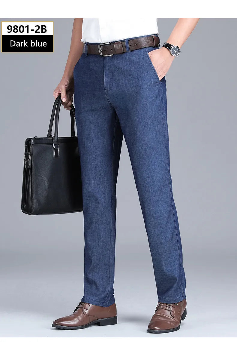 2024 New Men's Summer Thin Jeans Loose Stretch Large Size Ice Silk Straight Pants Elite Business Casual Pants Smoke Gray Blue