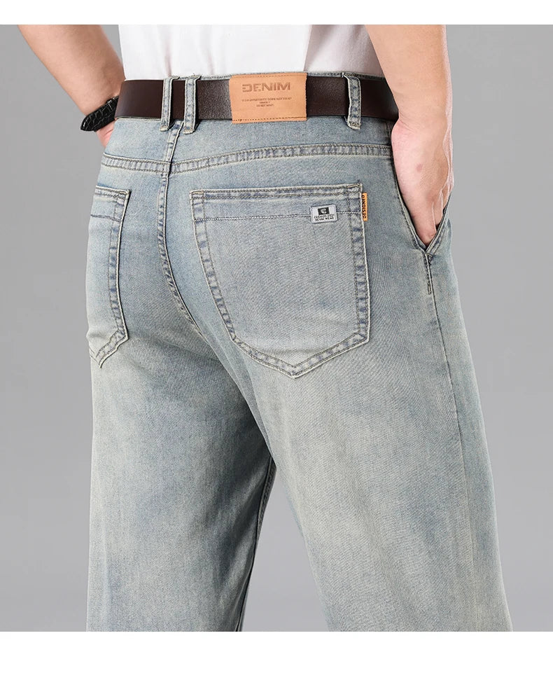 2026 Summer Brand Men's New Straight Leg Loose Lightweight Denim Jeans Classic Badge Business Casual Stretch Thin Retro Pants