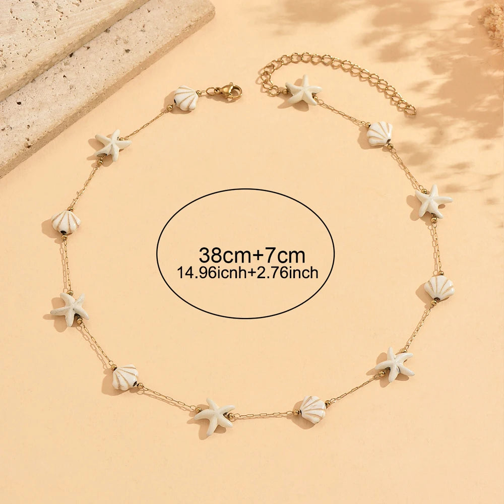 Stainless Steel Starfish Shell Choker Necklace Boho Beach Summer Vacation Jewelry for Women Daily Casual Wear