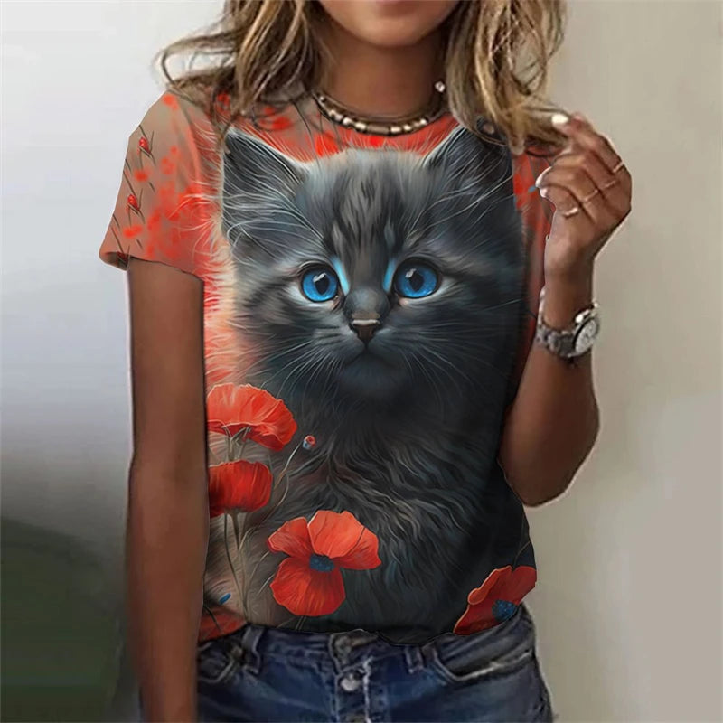 New Funny Cat 3D Print Women's Kawaii T Shirt Female Harajuku Casual Clothing Ladies Fashion Cute Animal Graphic Tees Girls Tops