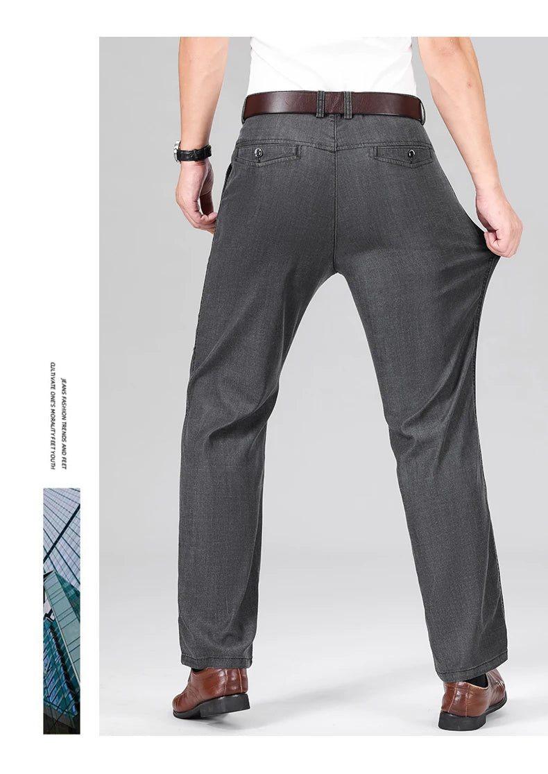 2024 New Men's Summer Thin Jeans Loose Stretch Large Size Ice Silk Straight Pants Elite Business Casual Pants Smoke Gray Blue