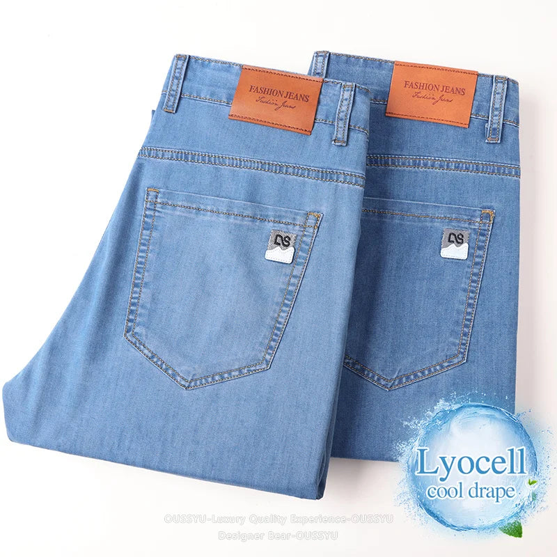 Brand Clothing Summer Lyocell Ultra-thin Men's Jeans Business Straight Denim Pants Cool Ice Silk Casual Trousers Man Plus Size