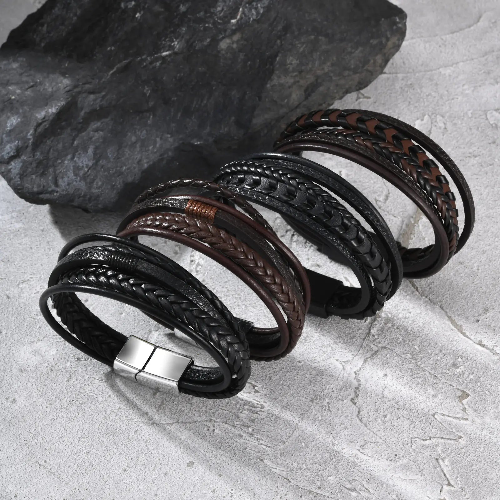 Multi Layer Braided Rope Bracelets for Men,Classic Handmade PU Leather Wristband with Magnetic Buckle,Trendy Punk Jewelry Gift