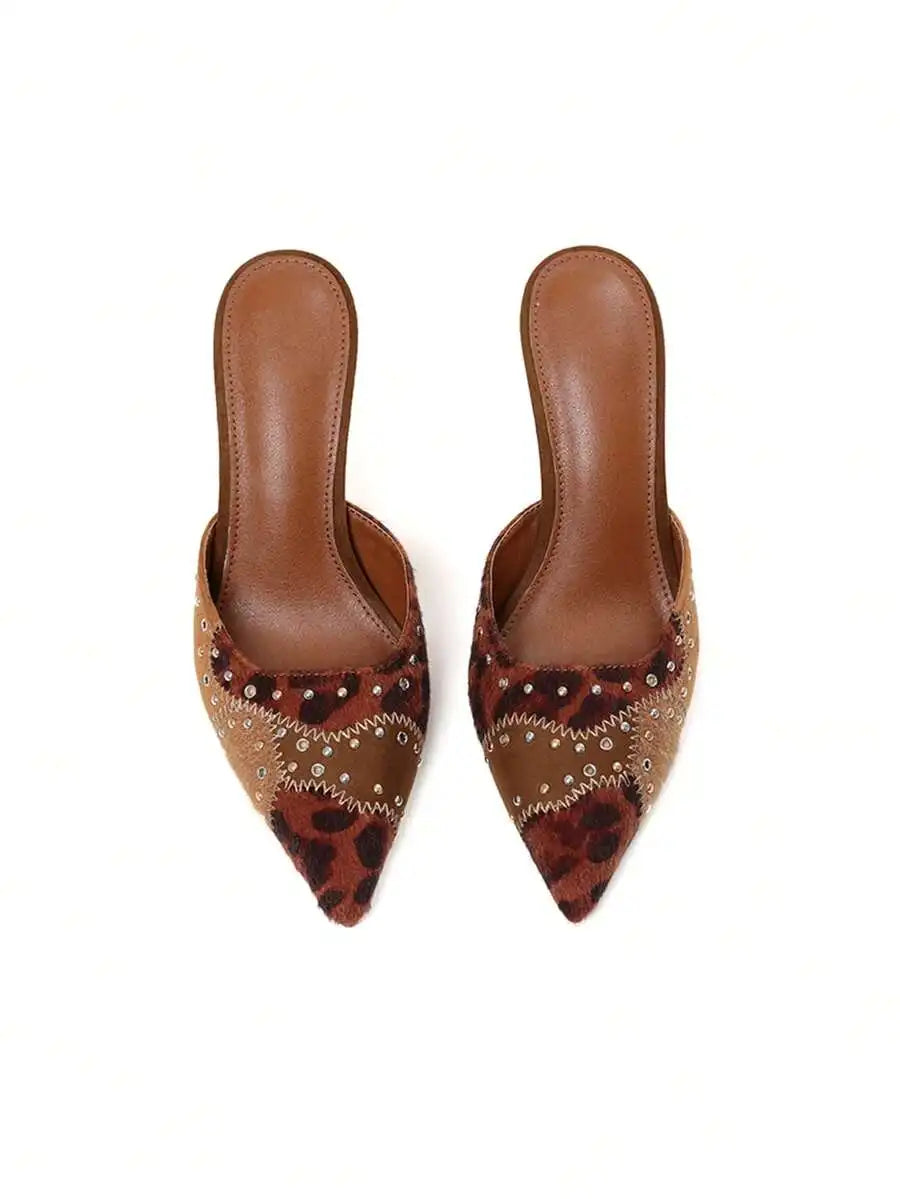 Suede Pointed Toe Mule Heels For Women Slip On Studded Dress Party Shoes