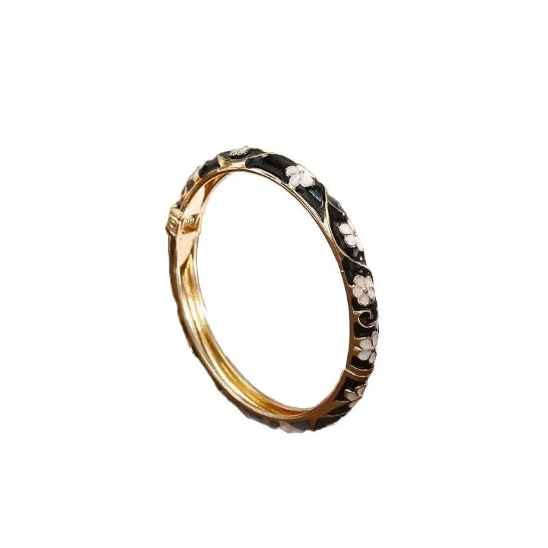 Colorful Enamel Floral Bangle Bracelet Retro Gold-Tone Open Cuff, Elegant Dainty Jewelry For Women Gifts
