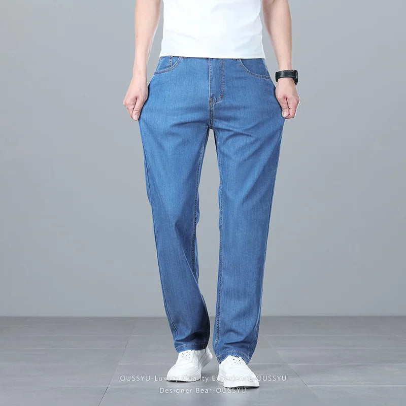Brand Clothing Summer Lyocell Ultra-thin Men's Jeans Business Straight Denim Pants Cool Ice Silk Casual Trousers Man Plus Size