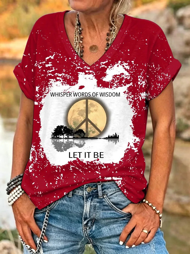 ilstile Women's What A Wonderful World Life Tree Bleached T-Shirt Boho Hippie Print V-Neck Short Sleeve Loose Casual Top