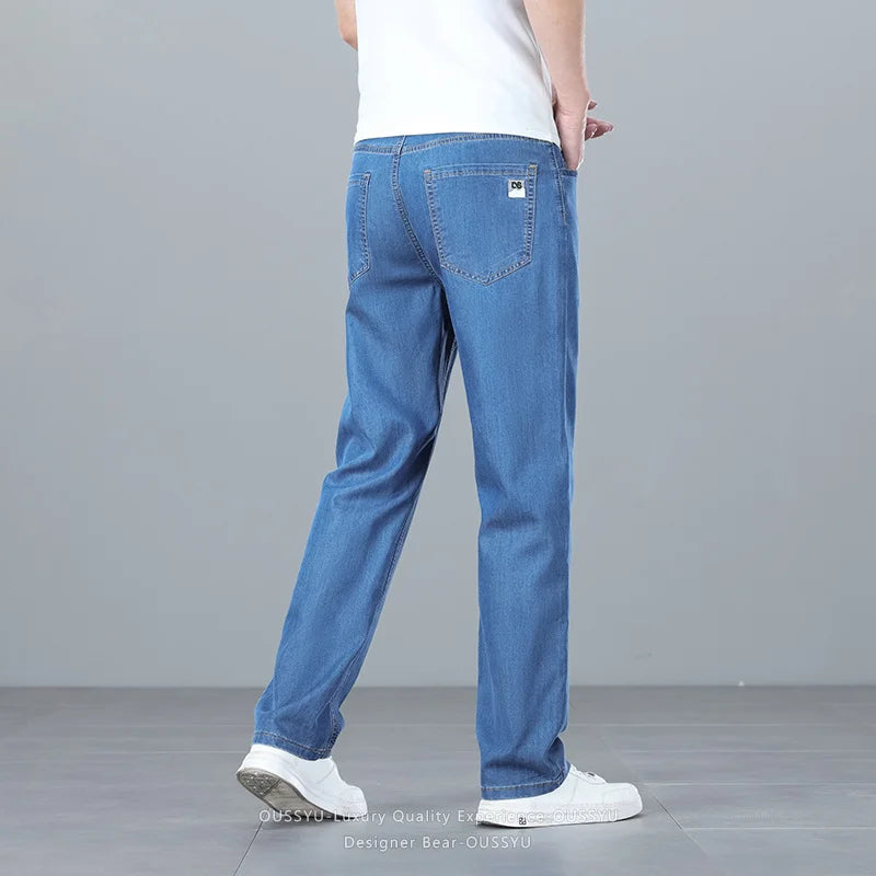 Brand Clothing Summer Lyocell Ultra-thin Men's Jeans Business Straight Denim Pants Cool Ice Silk Casual Trousers Man Plus Size