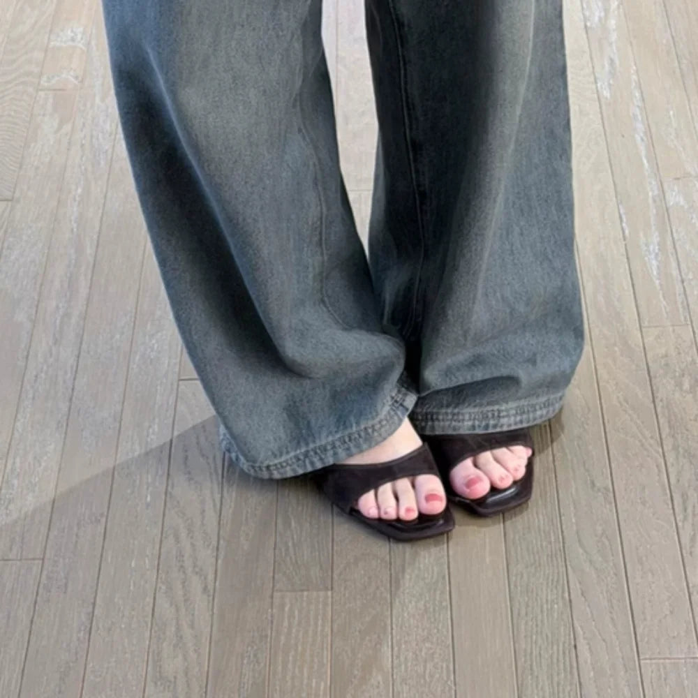 2026 Summer Women Heels Sandals Square Toe Open Toe Comfy Casual Slides Ladies Brown Fashion Women Kitten Heel Slippers
