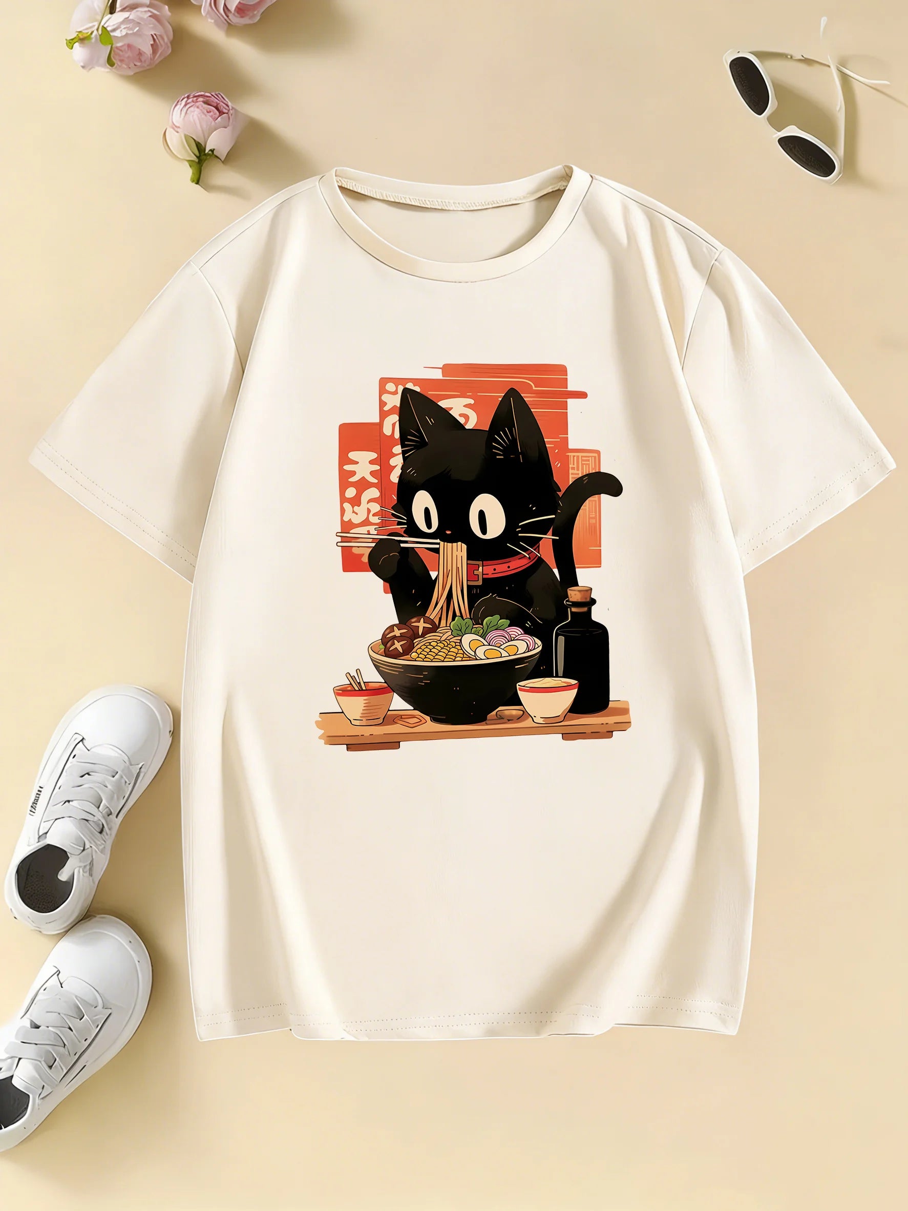 Cat Eat Ramen Kawaii Design Prined  T Shirts Manga Kids Children's T-shirt Boys Girls Summer Spring Casual Top Tee