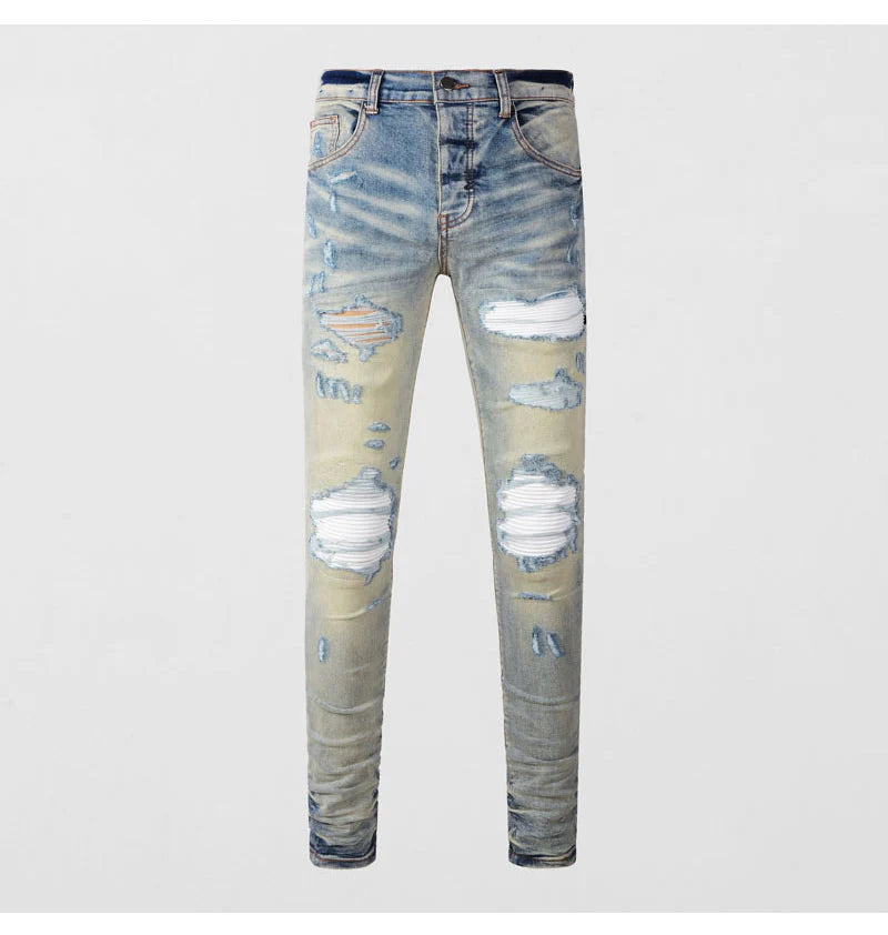 Designer High Street Fashion New Light Blue Men's Jeans Stretch Slimming White Leather Patch Hip Hop Brand Pants HombreY2K