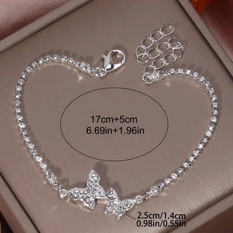 1pc Synthetic Sparkling Synthetic Zirconia Butterfly Double Adjustable Chain Bracelet - Elegant Luxury Women's Jewelry for Party, Vacation, Valentine's Day Gift for Girlfriend, Butterfly Jewelry