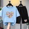 Children white Floral heart-shaped print Summer Clothing Tshirt+Shorts Girl Toddler 3-12Yrs Short-Sleeved cool leisure Set
