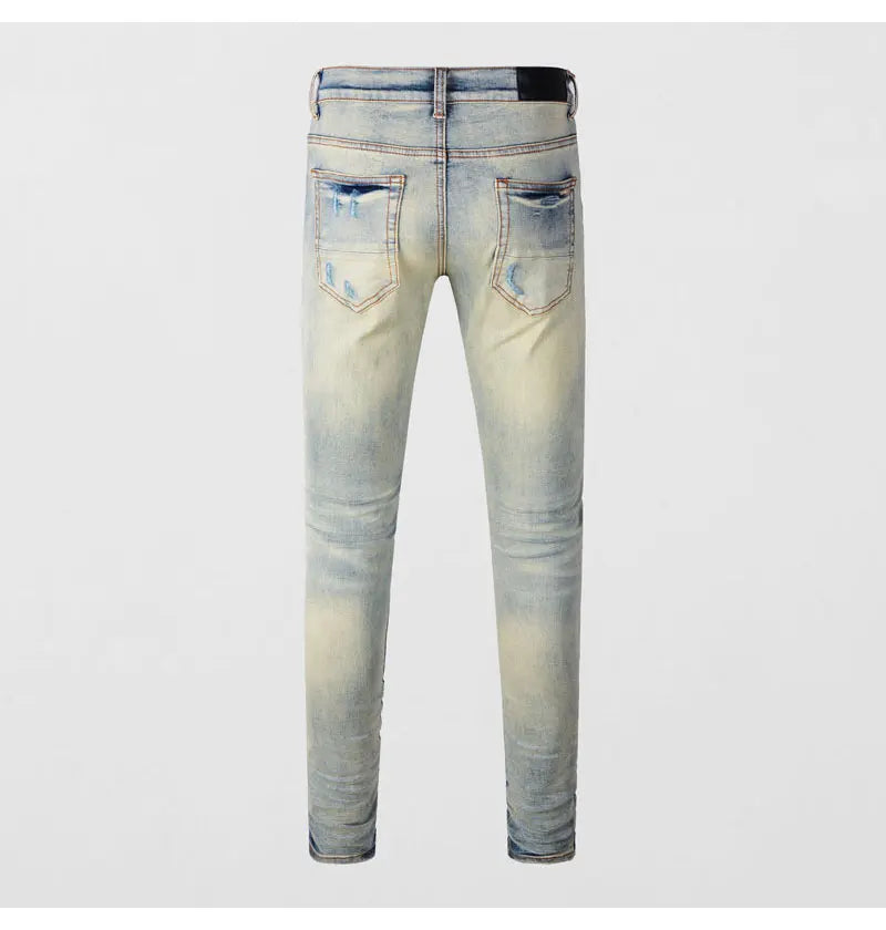 Designer High Street Fashion New Light Blue Men's Jeans Stretch Slimming White Leather Patch Hip Hop Brand Pants HombreY2K