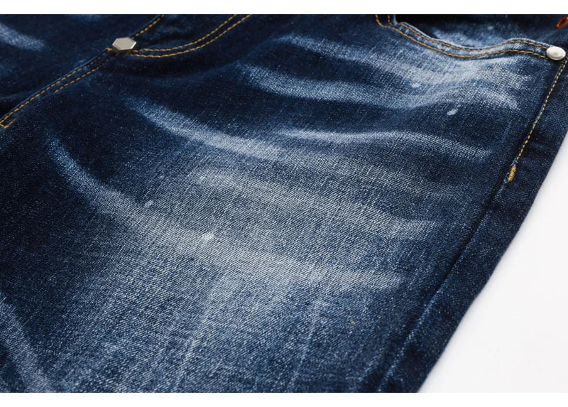 Designer Fashion New Men's Jeans Wrinkle Paint Dots Wrinkle Wash Nostalgic Stretch Slimming Blue Jeans High Street Hip Hop Brand