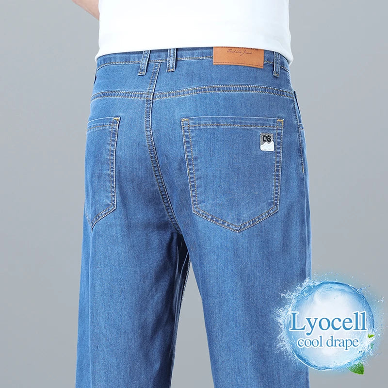 Brand Clothing Summer Lyocell Ultra-thin Men's Jeans Business Straight Denim Pants Cool Ice Silk Casual Trousers Man Plus Size