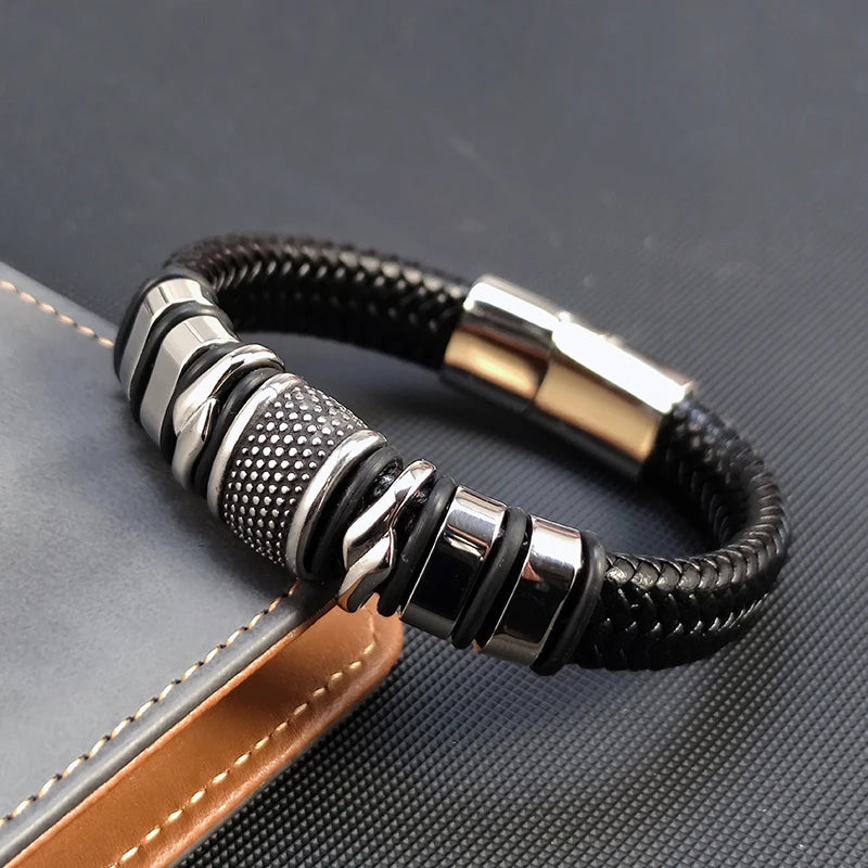 Punk Men Bracelet Leather Bracelet Stainless Steel Clasp Magnet Atmosphere Trendy Bracelet Brangle Jewelry for Men Sales