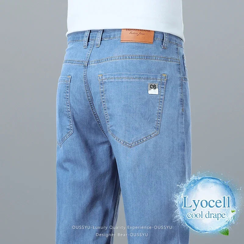 Brand Clothing Summer Lyocell Ultra-thin Men's Jeans Business Straight Denim Pants Cool Ice Silk Casual Trousers Man Plus Size